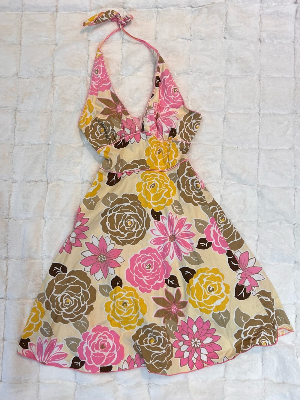 rave 60s vibe Pink, Yellow & Brown Floral Halter Dress